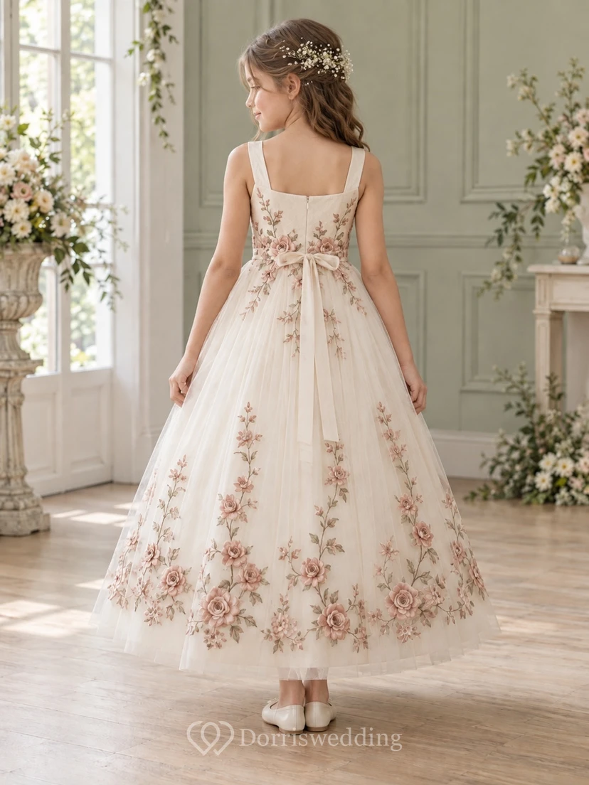 Square Neck Ivory Ankle-length Sleeveless Pink Floral Embroidered Tulle Flower Girl Dress