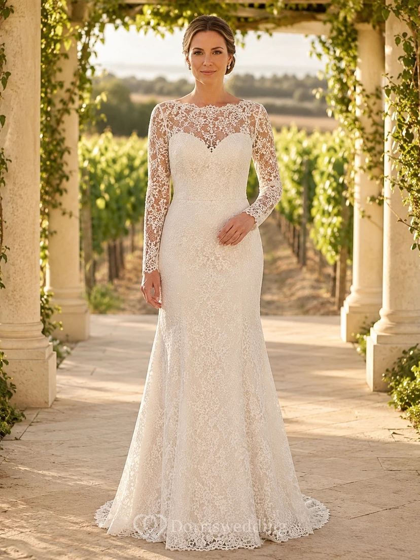 Bridal Lace Jewel Neck Long Sleeve A-Line Sweep Train Wedding Gown