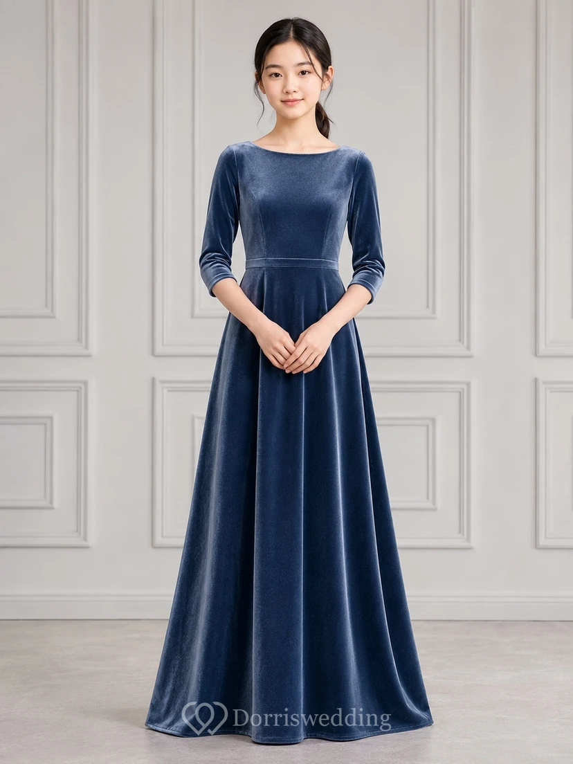 Dark Navy Junior Bridesmaid Dress A-Line Jewel Long Sleeve Velvet Luxury
