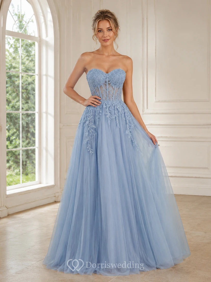 Sky Blue Lace Tulle Sweetheart A-Line Sweep Train Romantic Formal Prom Dress