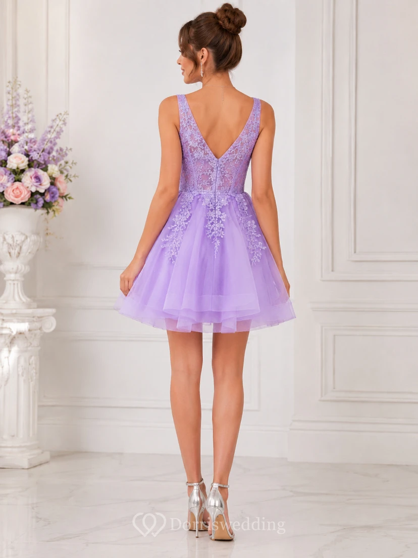 Cute Lilac Lace V-Neck Tulle Mini Homecoming Dress view 2