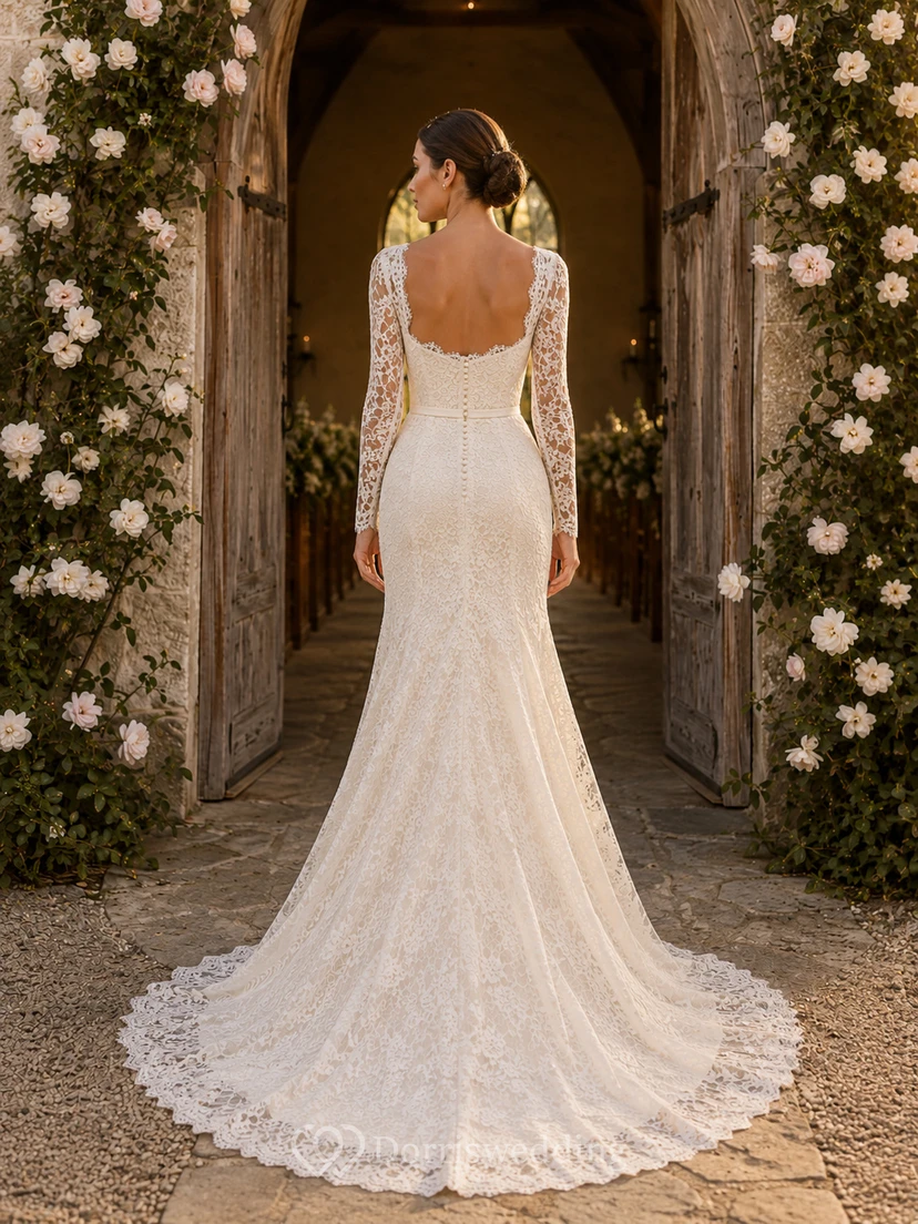 Vestido de novia clásico de corte sirena con escote cuadrado, encaje, manga larga y cola de capilla. view 2