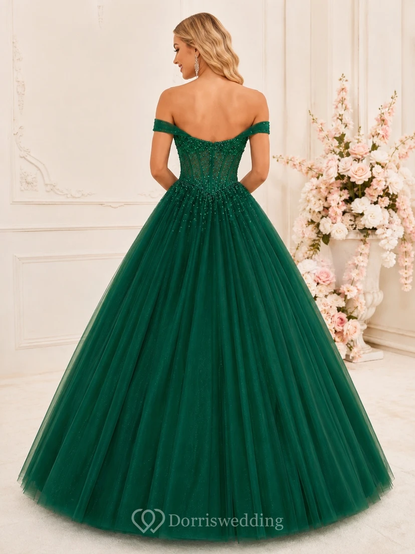 Dark Green Junior Pageant Sequined Off-the-shoulder Tulle Ball Gown Floor-length Dress view 2