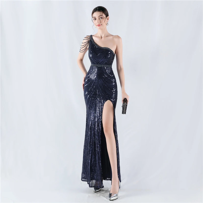 Positioning Flower Beaded Craft Beaded One-Shoulder Oblique Collar High Slit Evening Dress view 45