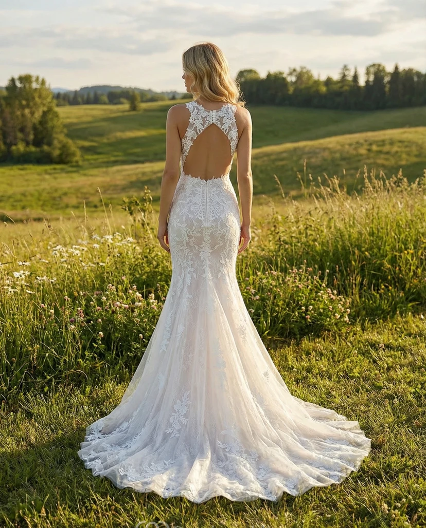 Robe de mariée sirène en dentelle à col montant avec surjupe en tulle amovible view 2