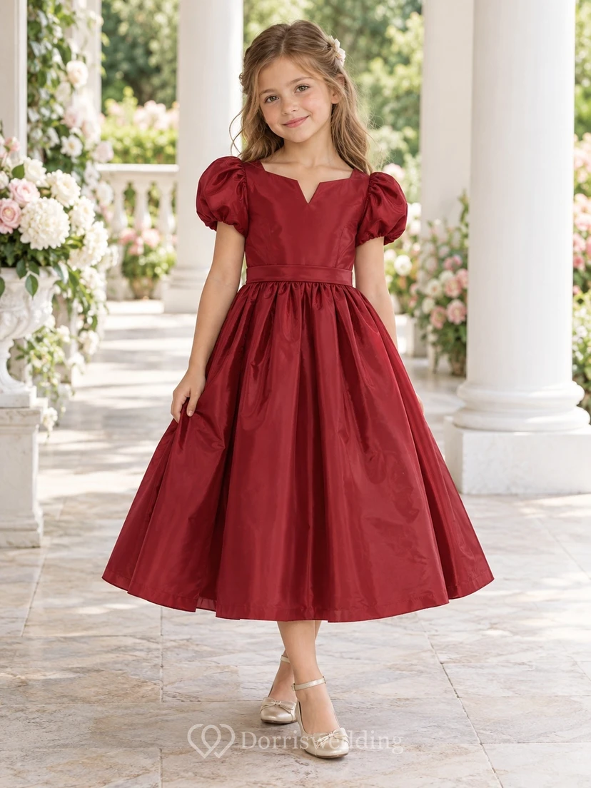 Tea-length Cranberry Notched Neck Puff Sleeve Taffeta Flower Girl Dress