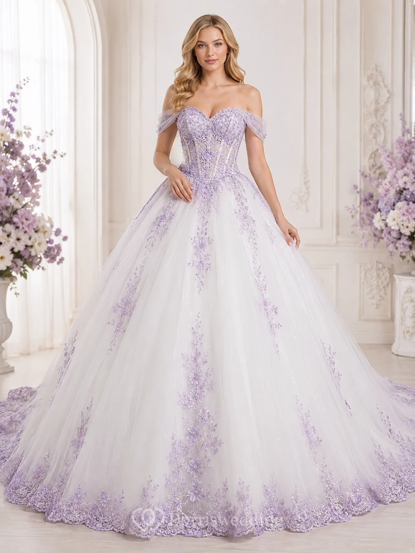 Lavendelfarbenes, geblümtes Ballkleid für Braut, schulterfrei, kurze Ärmel, Kathedralenschleppe