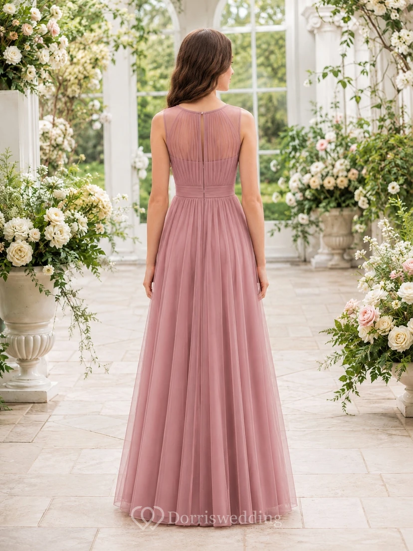 Vestido de dama de honor juvenil color rosa empolvado, corte en A, sin mangas, de malla elegante. view 2