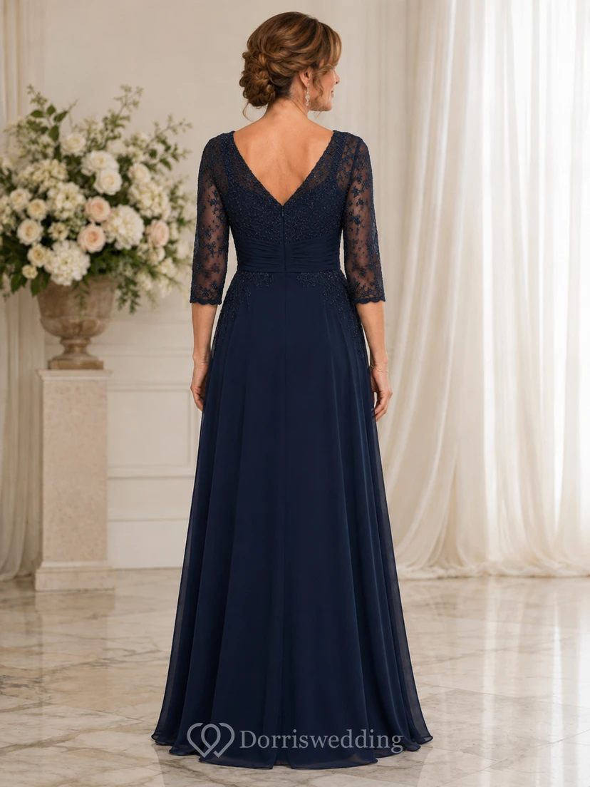 Dark Navy Lace Sleeve Floor-Length Mother of the Bride Gown view 2