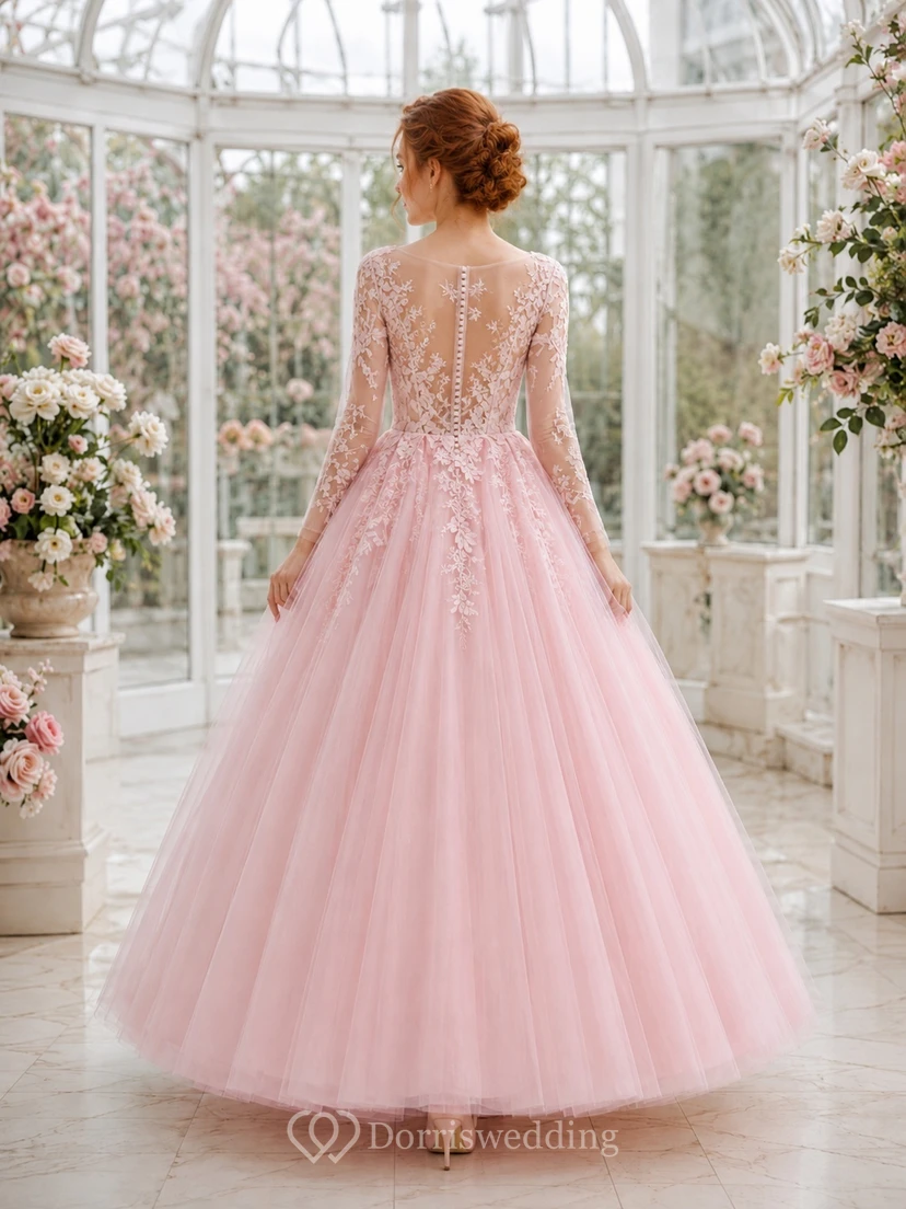 Vestido de gala romántico de manga larga con encaje y tul rosa ruborizado para fiesta de graduación. view 2