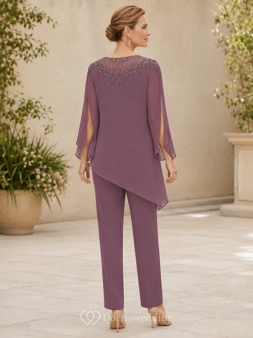 Vintage Mauve High Neck Beaded Chiffon Bell Sleeve Tunic Two Piece Mother Pantsuit view 2
