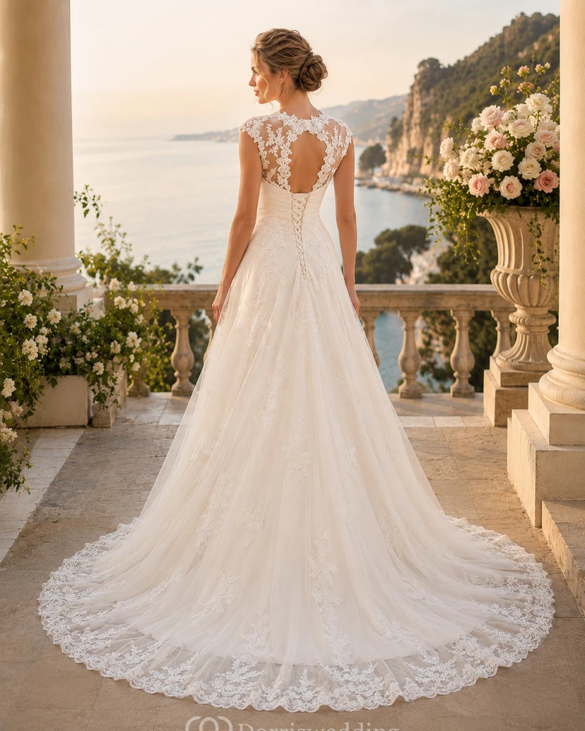 Vestido de novia sin mangas con escote corazón y encaje y cuentas view 2
