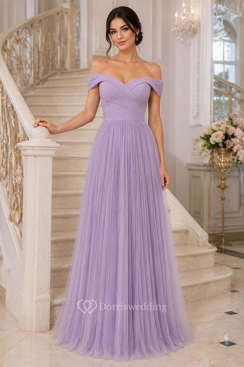 Plus Size Lavendelfarbenes schulterfreies Tüll-Abendkleid in A-Linie mit herzförmigem Oberteil