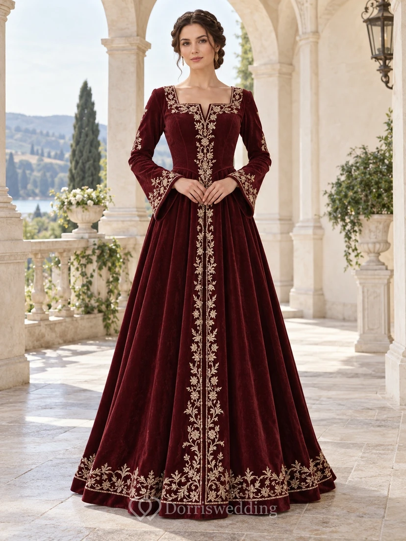 Robe de cérémonie médiévale à manches longues en velours bordeaux brodé, col cranté