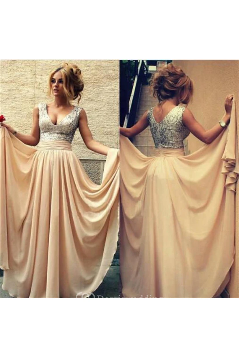 A-Line Chiffon Sequins V-neck Sleeveless Zipper Dress view 2