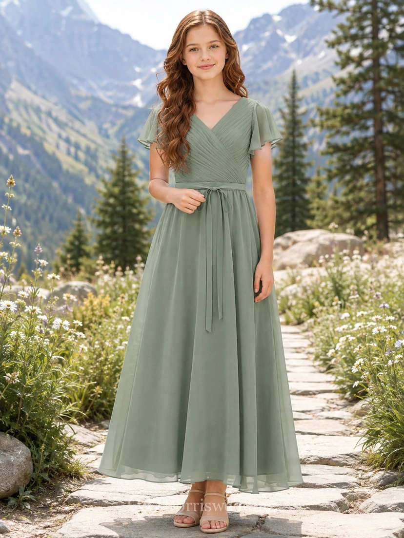 Celadonfarbenes Brautjungfernkleid für junge Damen, A-Linie, V-Ausschnitt, kurze Ärmel mit Blütenblatt-Schärpe, romantisch