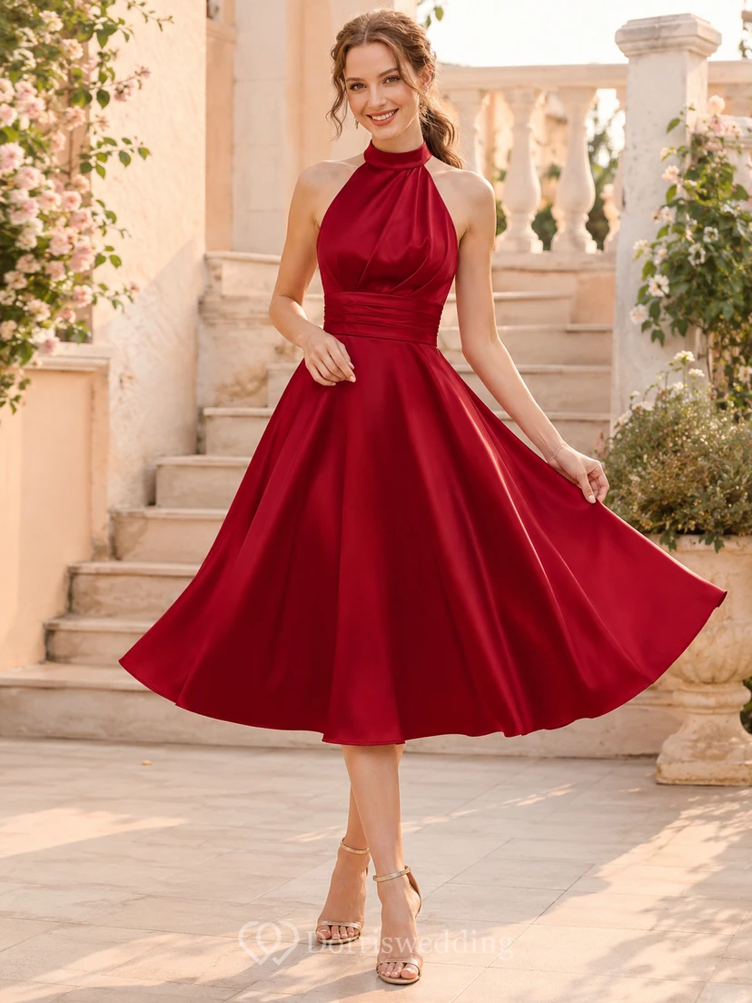 Red High Neck Halter Satin Tea-Length Reception Wedding Dress