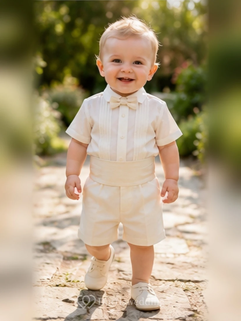 Traje de bautizo de manga corta con pajarita y pliegues color marfil para bebé niño