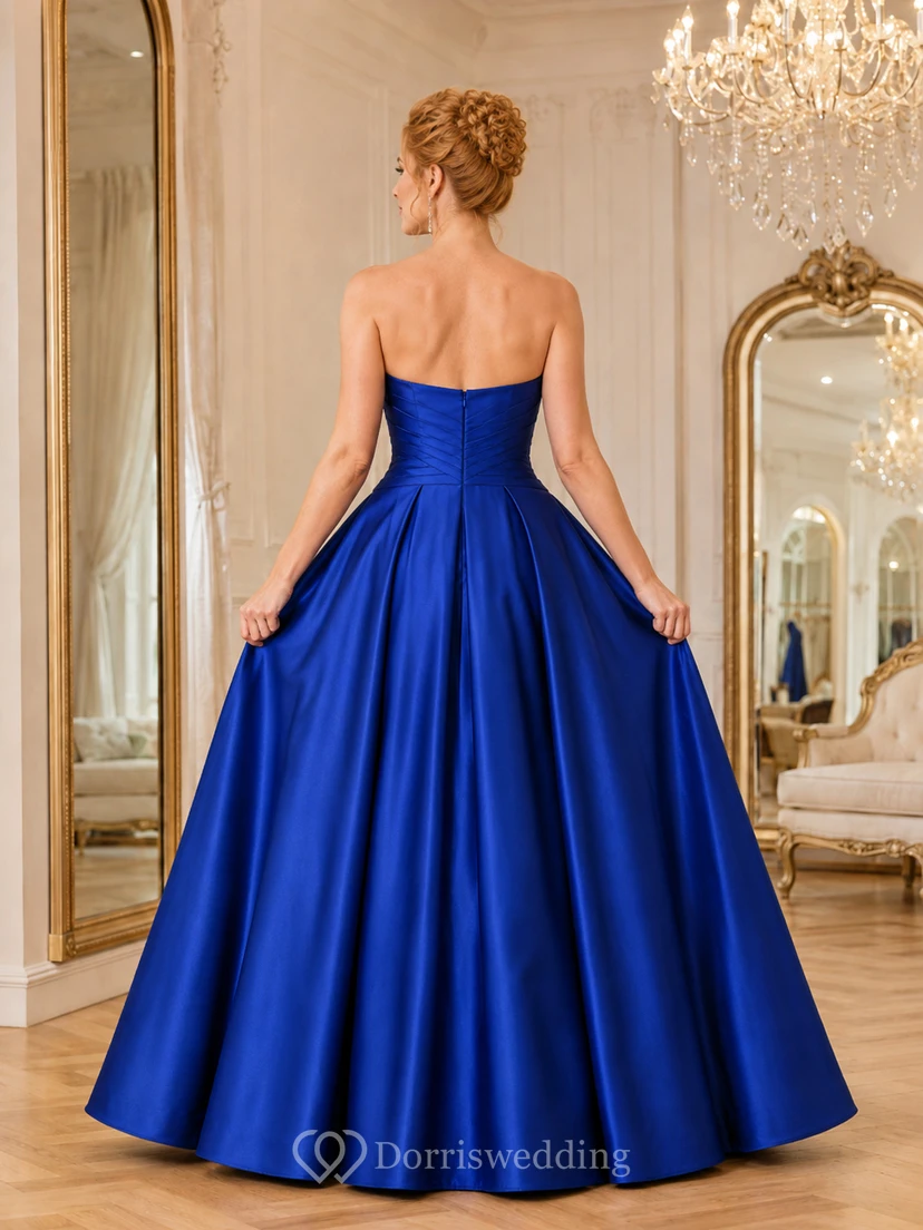 Royal blue strapless sweetheart satin ball gown with full skirt view 2