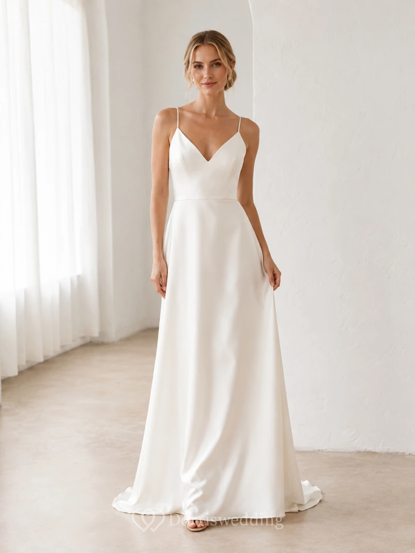 Brautkleid aus Satin, A-Linie, eckiger Ausschnitt, ärmellos, Schleppe