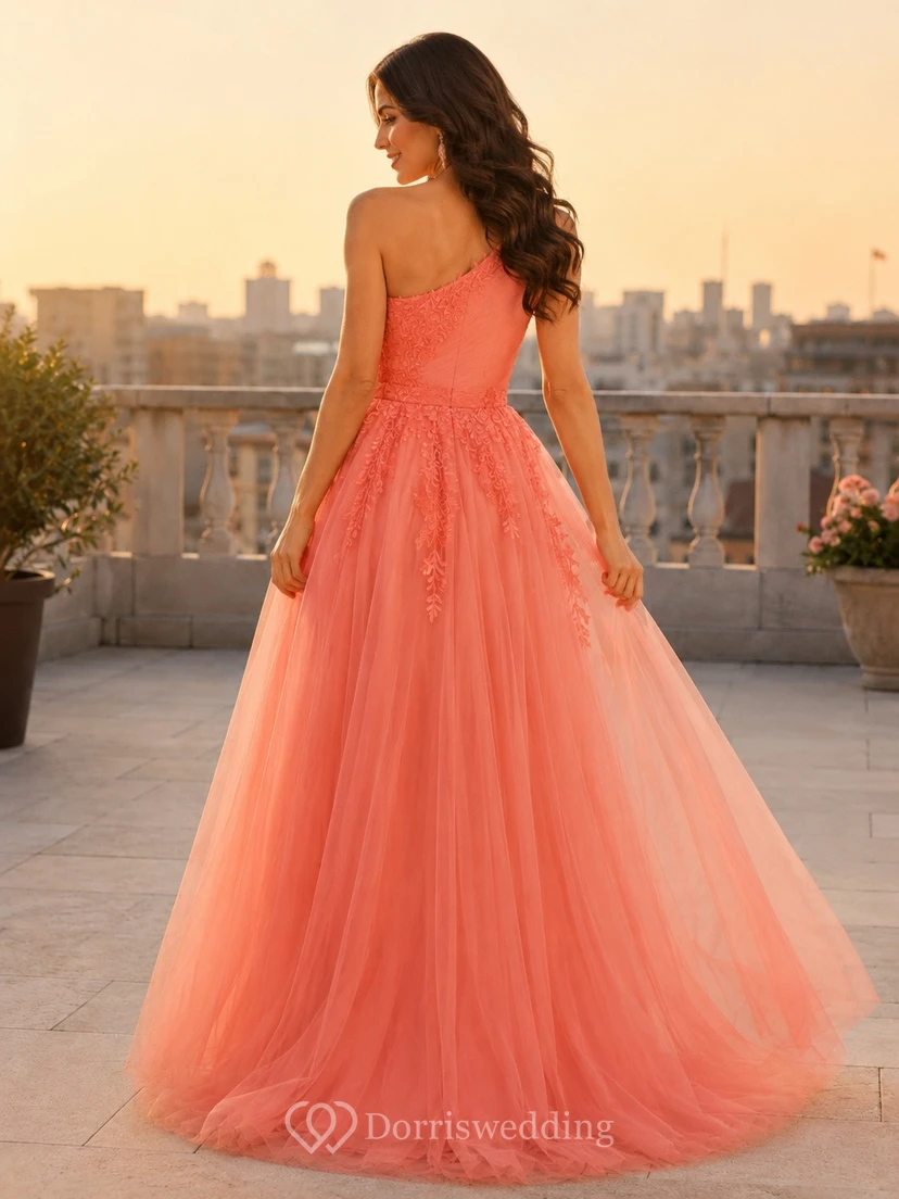 Coral Romantic One-Shoulder Tulle Sleeveless A-Line Floor-Length Evening Dress view 2