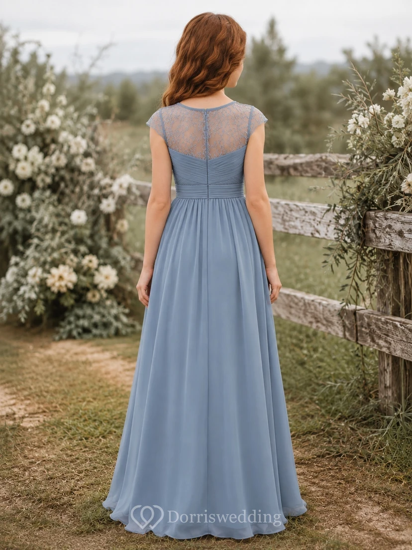 Stahlblaues Brautjungfernkleid im A-Linien-Stil mit Schmucksteinen, kurzen Flügelärmeln und Spitzendetails im Boho-Stil view 2