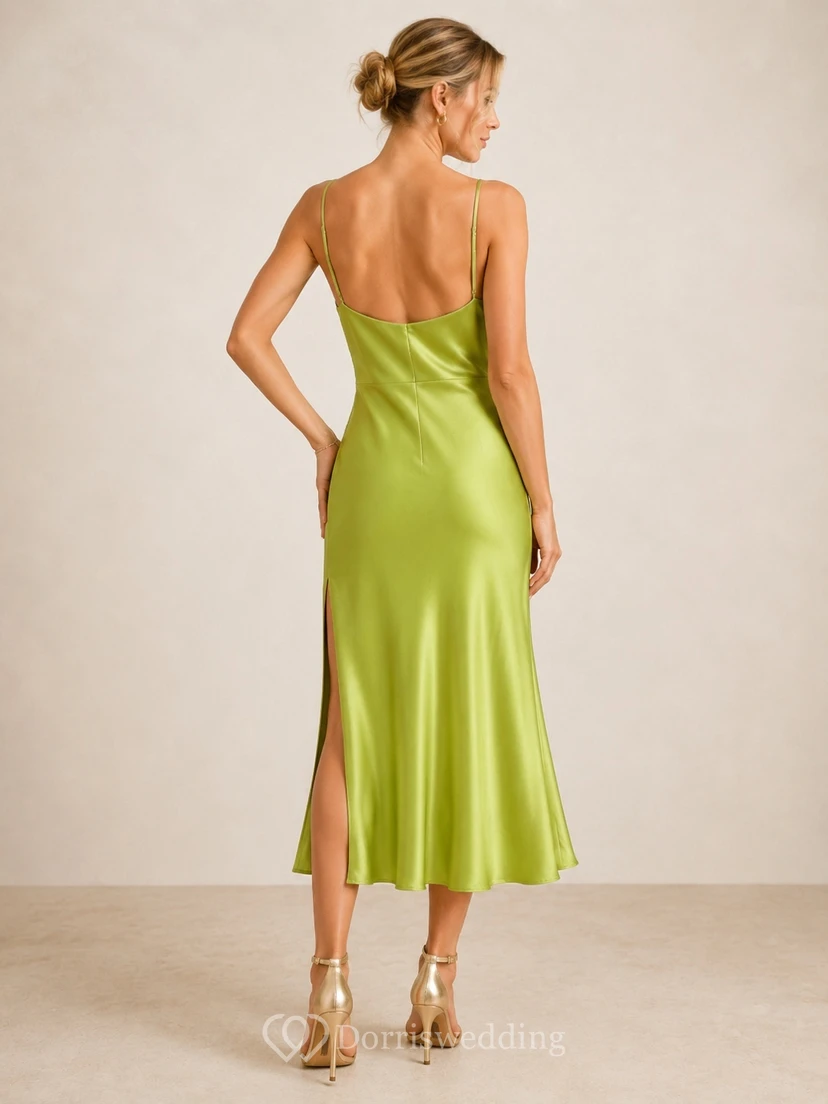 Lime Green Satin Cowl Neck Spaghetti Strap Tea-length Sheath Evening Dress with Side Split view 2