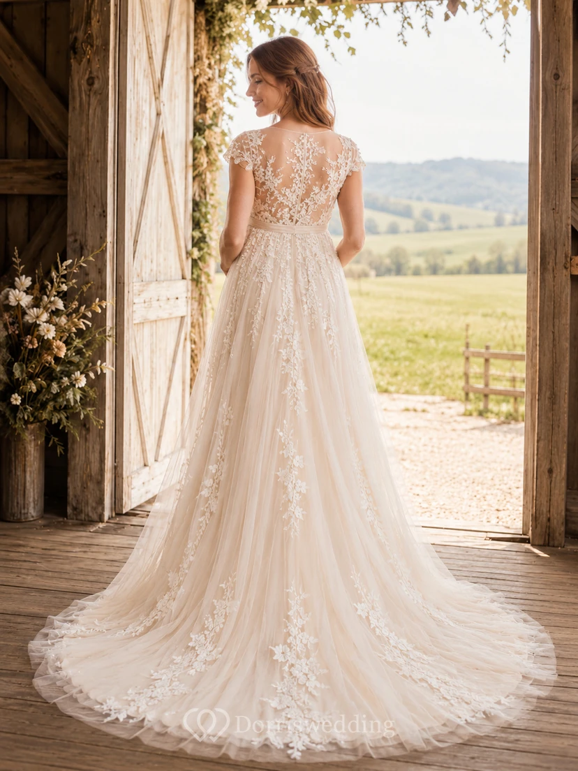 Robe de mariée de maternité à manches courtes en dentelle, style empire, traîne chapelle view 2