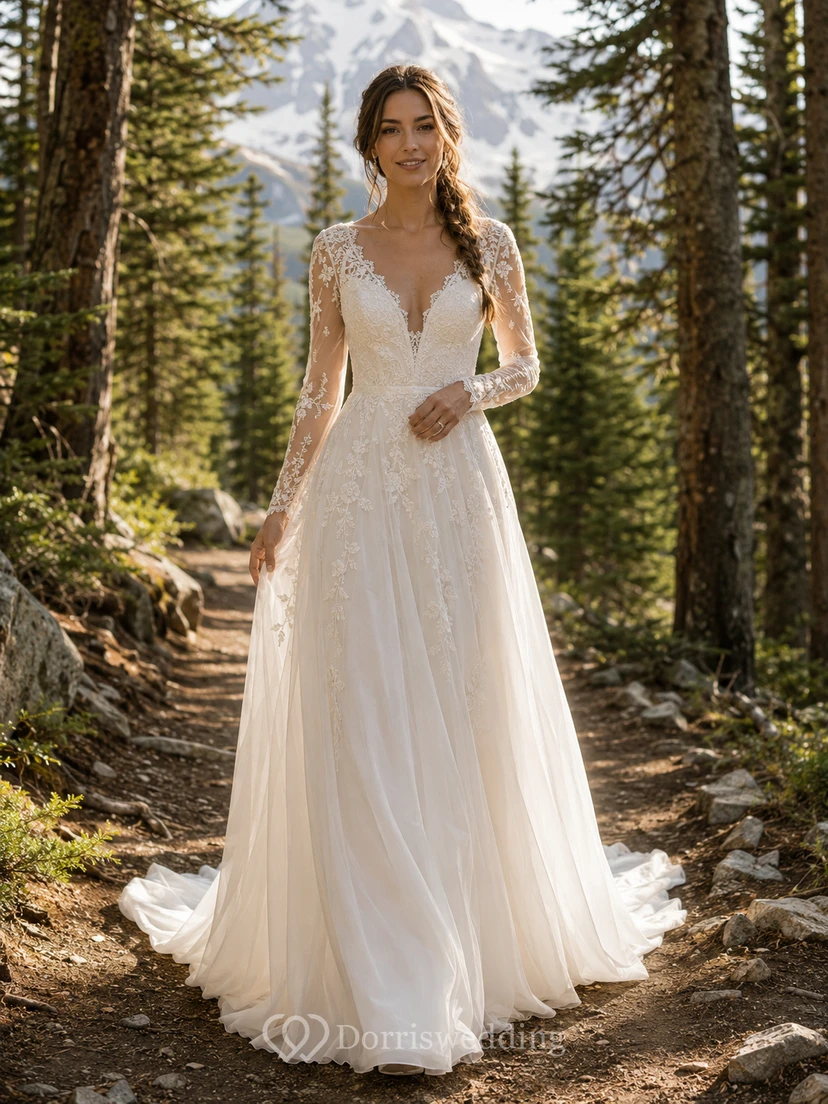 Robe de mariée en tulle et dentelle, coupe trapèze, manches longues, col en V, traîne chapelle, style forêt