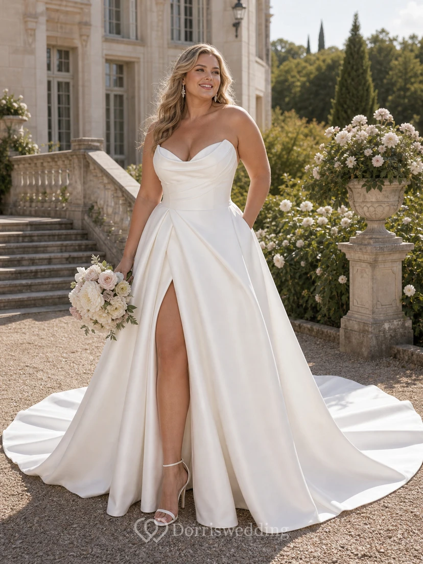 Elegantes Brautkleid aus Satin mit herzförmigem Ausschnitt, gekreuzten Trägern und Empire-Ausschnitt sowie vorderem Schlitz view 4