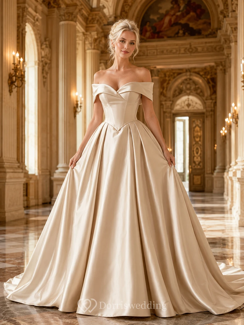 Champagne Off-Shoulder Satin Ball Gown Grand Ballroom Dress