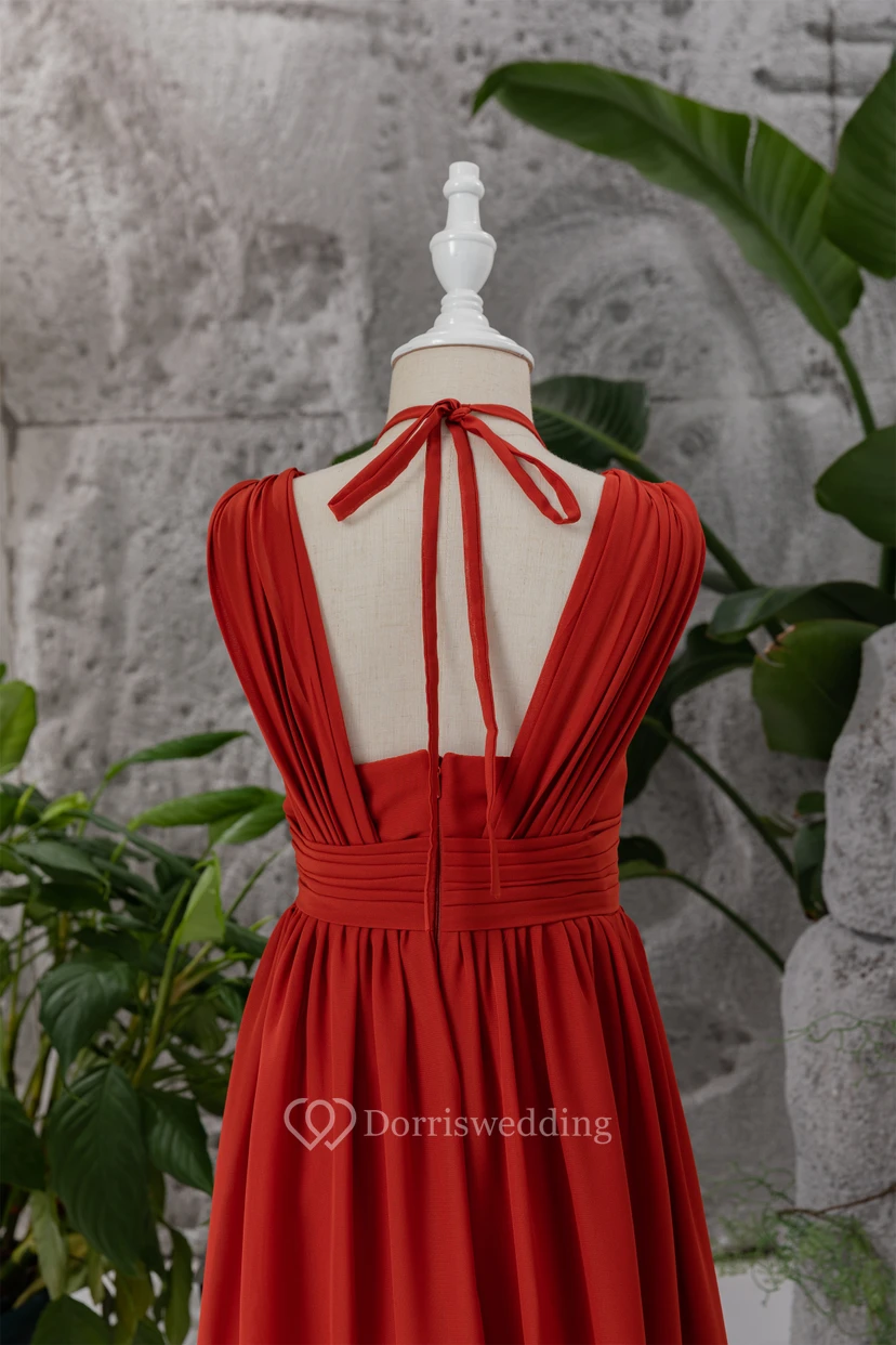 Red Halter Criss-cross Empire Chiffon Ruched Flowergirl Dress view 8