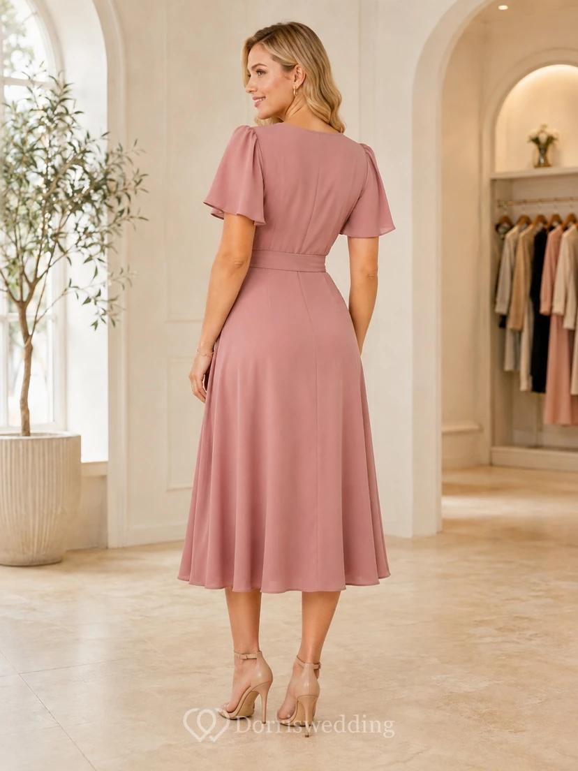 Rosafarbenes, wadenlanges Chiffon-Empfangskleid mit flatternden Ärmeln in A-Linie und Teelänge view 2