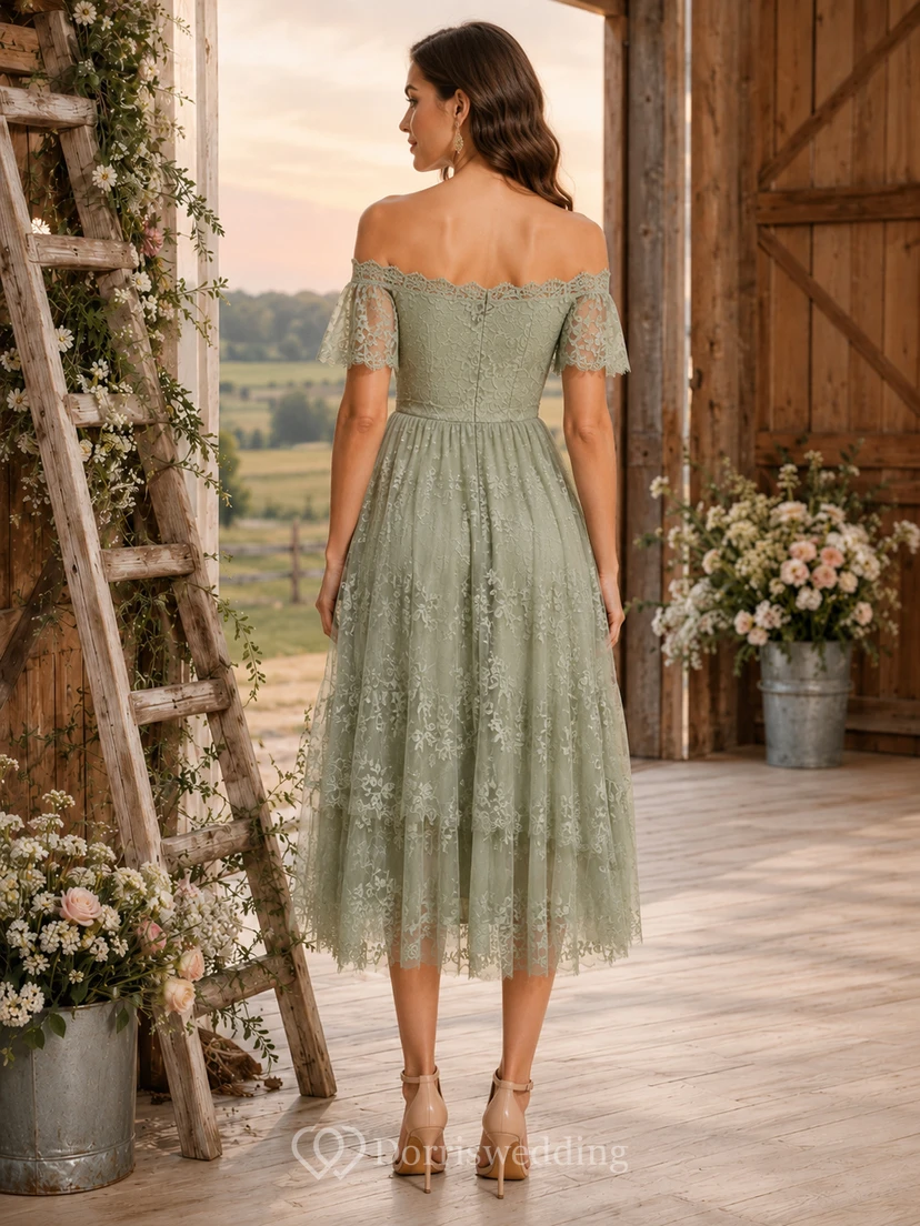 Sage off shoulder lace A-line tea length guest dress view 2