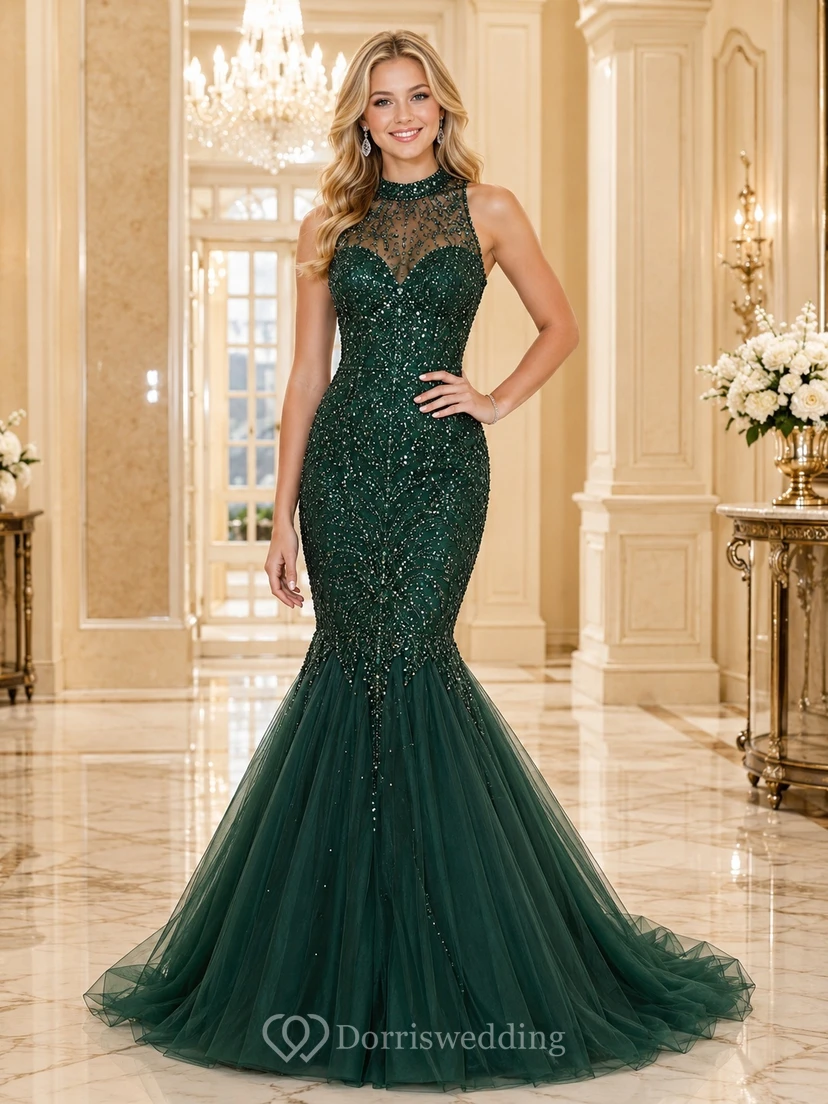 Dark Green Junior Pageant Sequined High Neck Lace Mermaid Chapel Train Dress