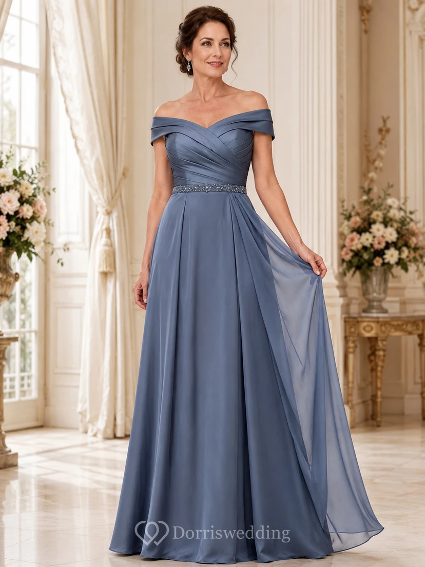 Elegant Slate Blue Off Shoulder Beaded Chiffon A Line Mother Gown