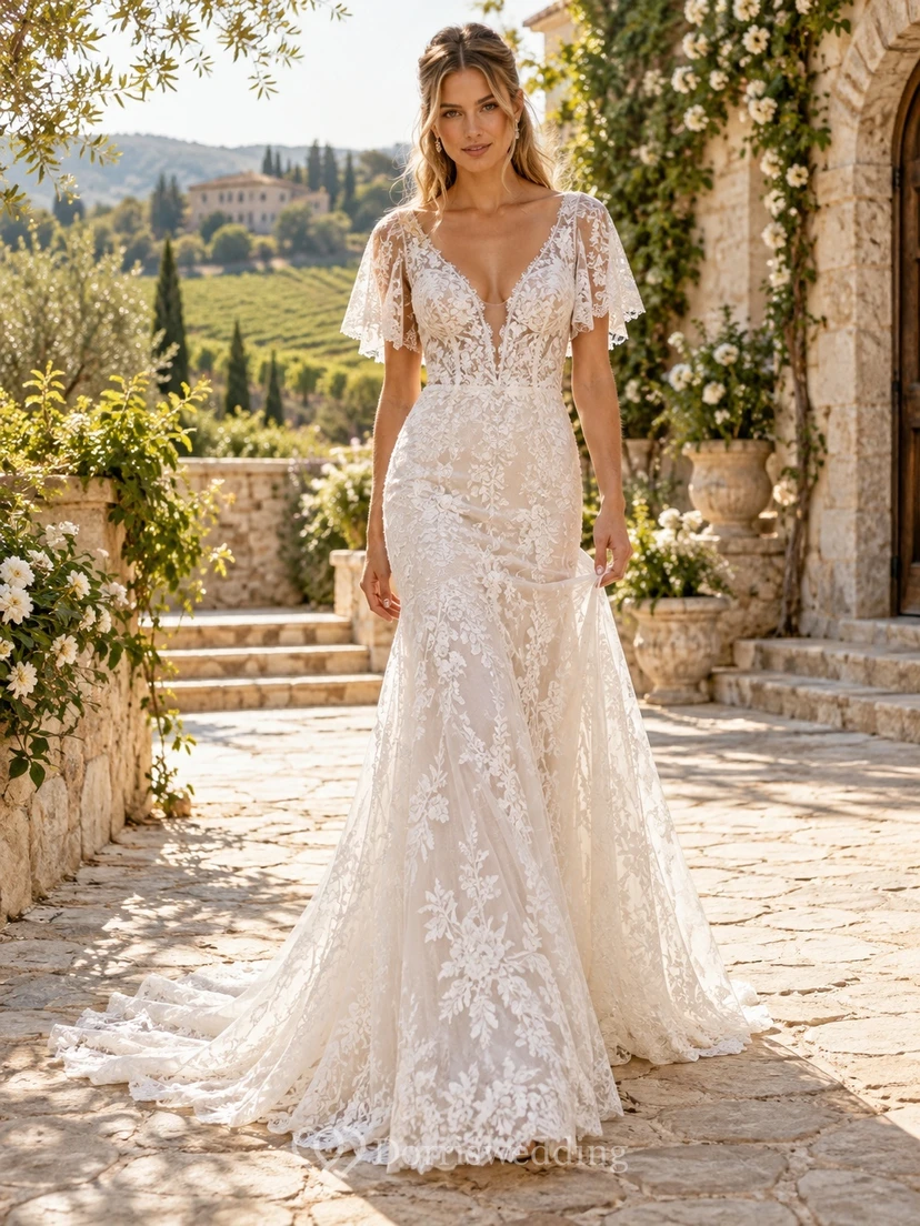 Boho V-Neck Flutter Sleeve Floral Lace Mermaid Wedding Dress
