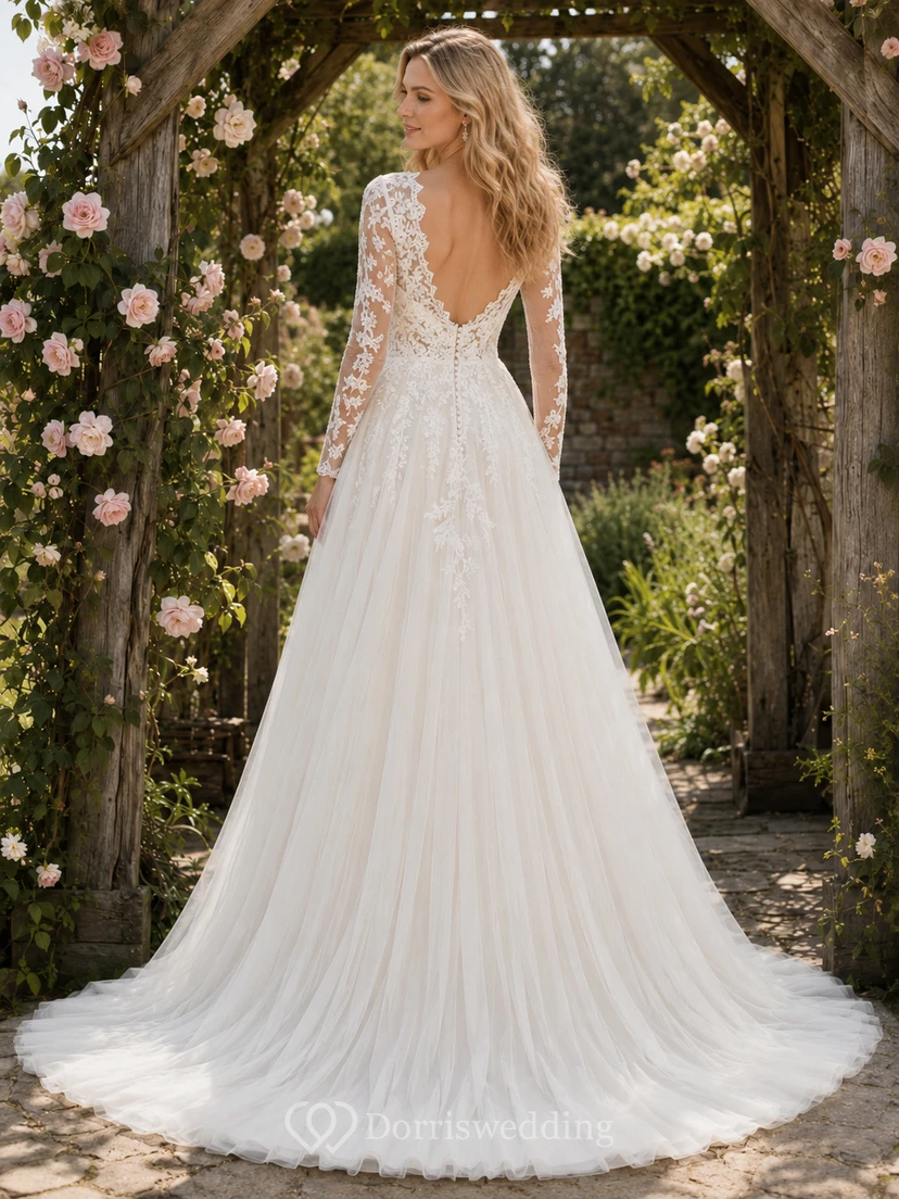 Vestido de novia bohemio de manga larga y corte A para jardín, envío rápido view 2