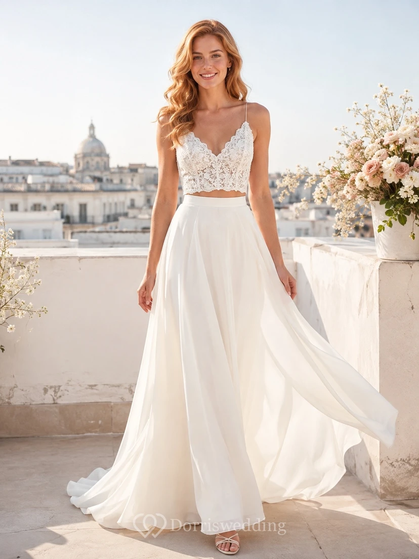 Sweetheart Two Piece Satin A-Line Floor Length Bridal Dress