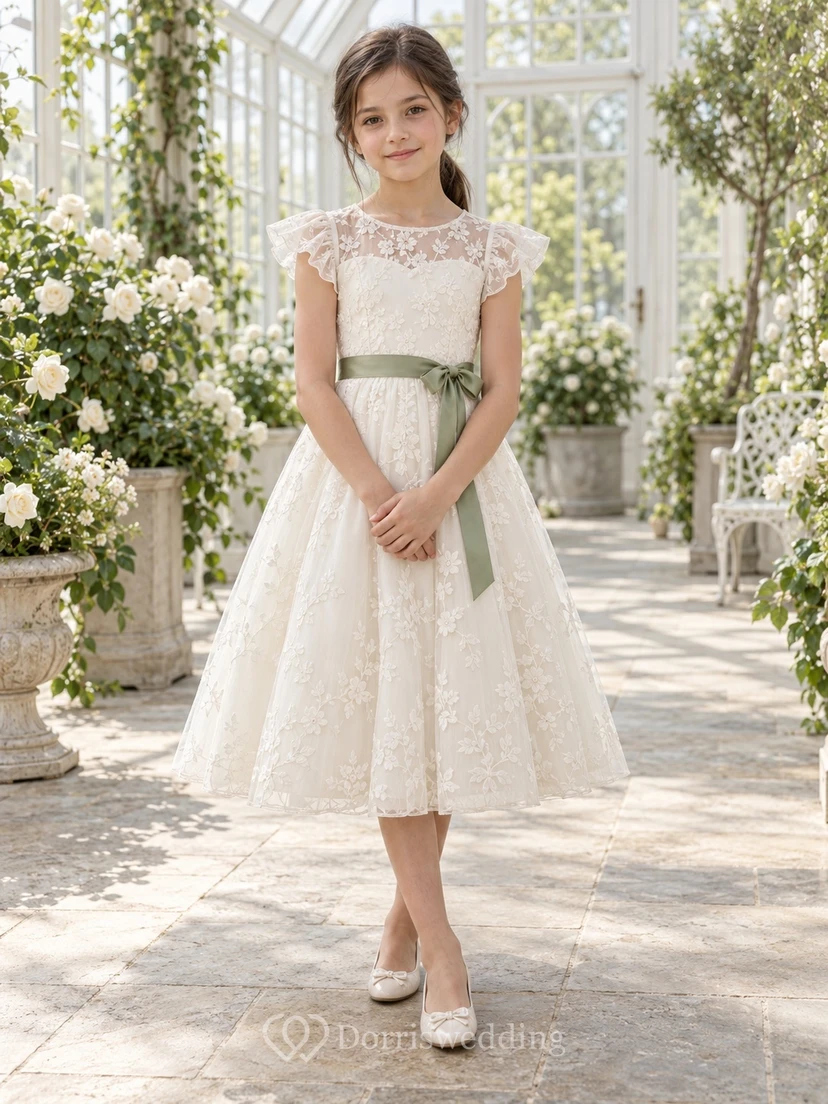 Tea-length Ivory A-line Lace Cap-sleeve Illusion Green-sash Bow-back Flower Girl Dress
