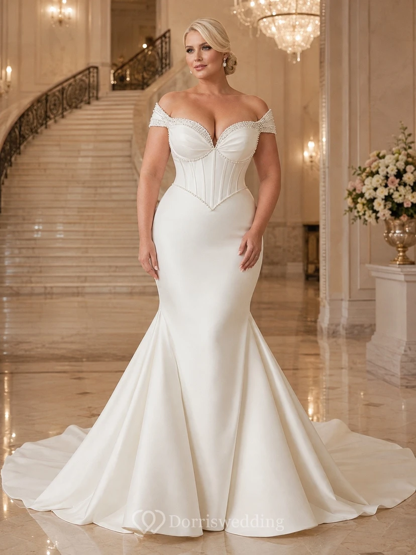 Vestido de novia clásico de satén con mangas cortas, hombros descubiertos, corte sirena y cola larga.