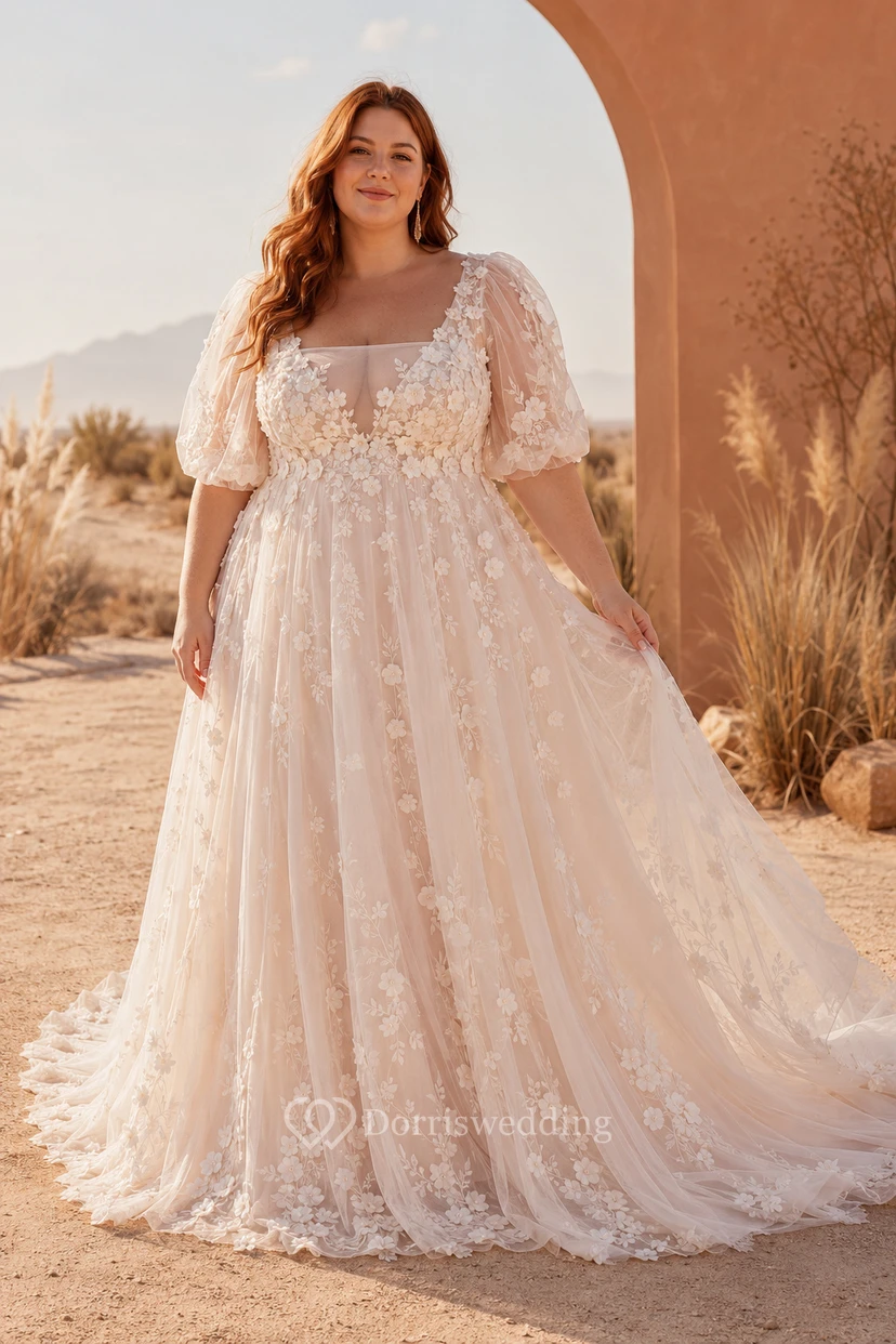 Plus Size Elfenbeinfarbenes Brautkleid mit eckigem Ausschnitt, Puffärmeln und Spitze in A-Linie