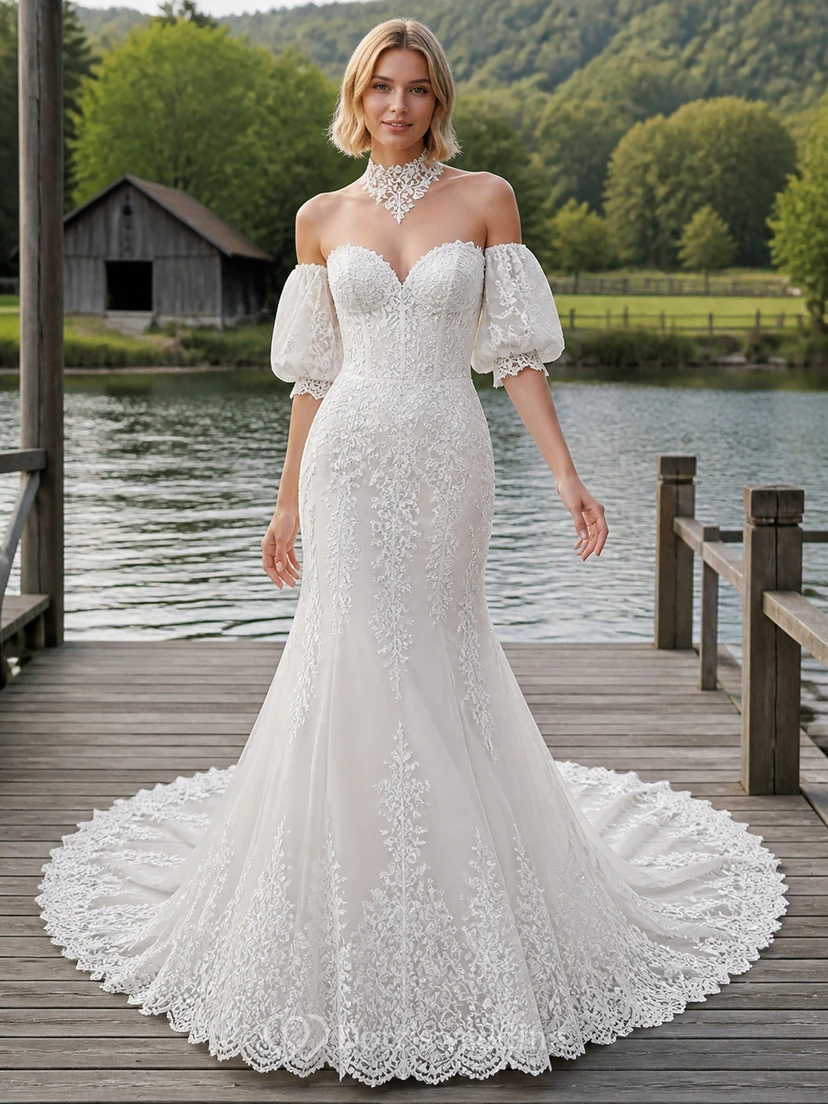 Vestido de novia sexy de manga corta estilo sirena con hombros descubiertos y cola catedral de encaje, ideal para la playa.