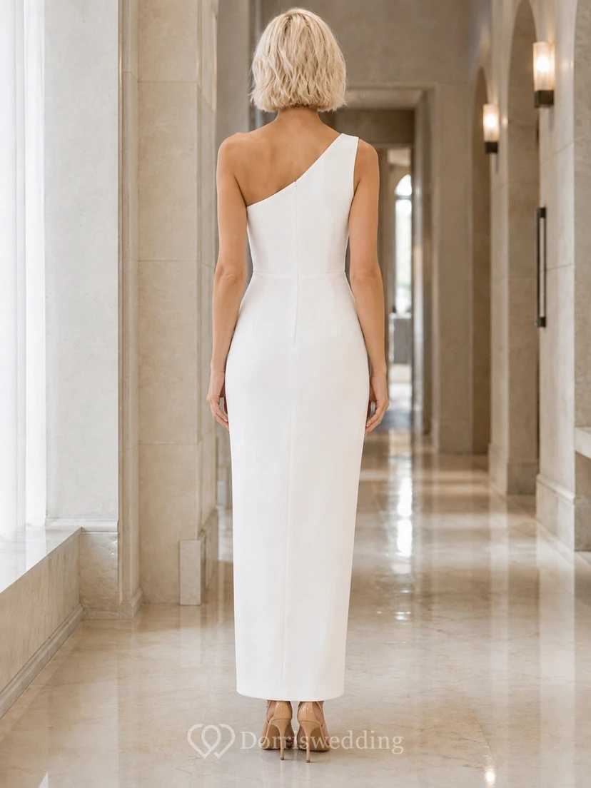 Simple White One-Shoulder Sheath Ankle-Length Modern Formal Dress view 2
