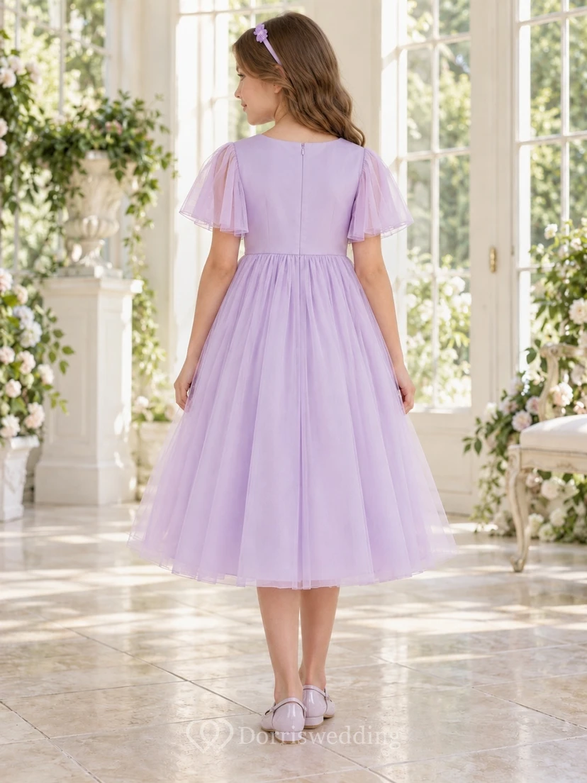 Lilac Tea-length Jewel Flutter-sleeve Tulle Gathered Floral Unbanded Zipper-back Flower Girl Dress view 2