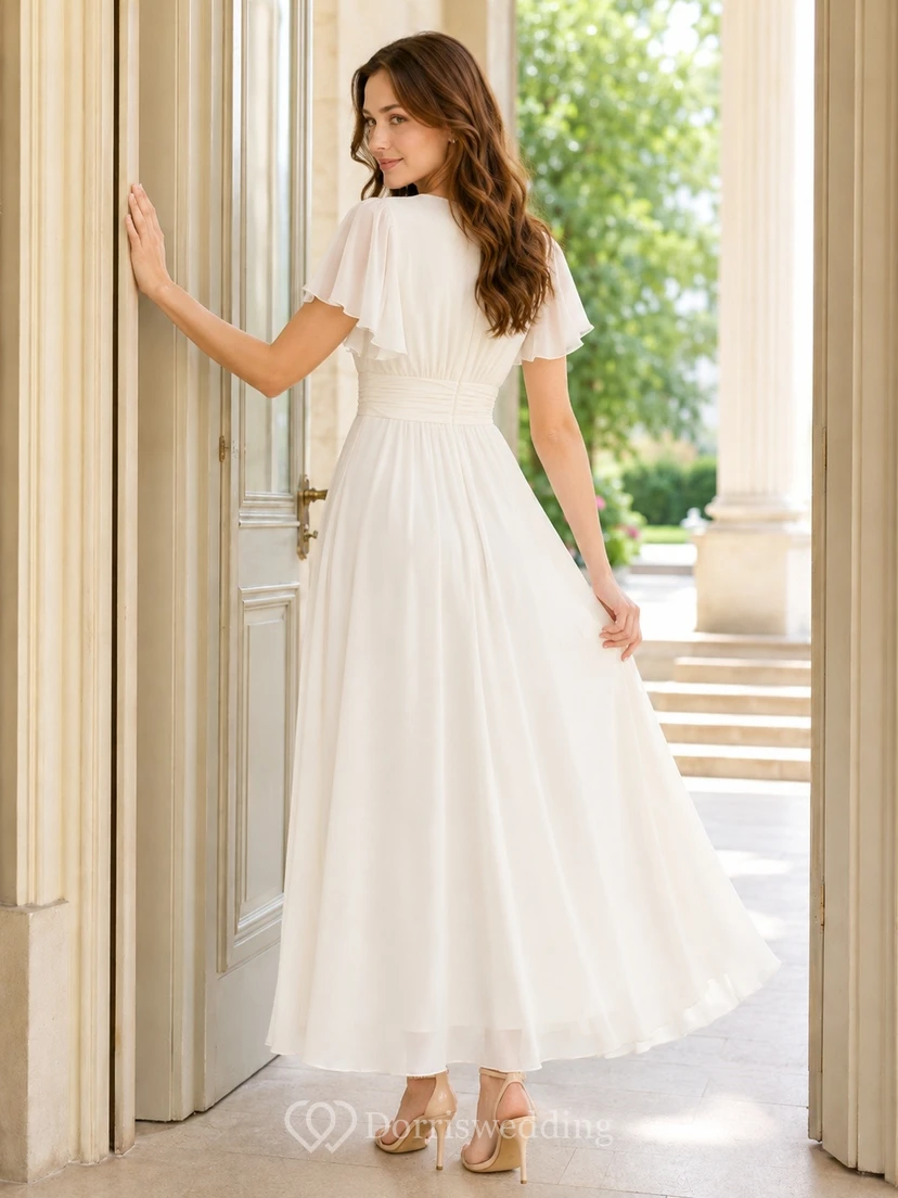 White V-Neck Short Sleeve Chiffon Tea-Length A-Line Dress view 2
