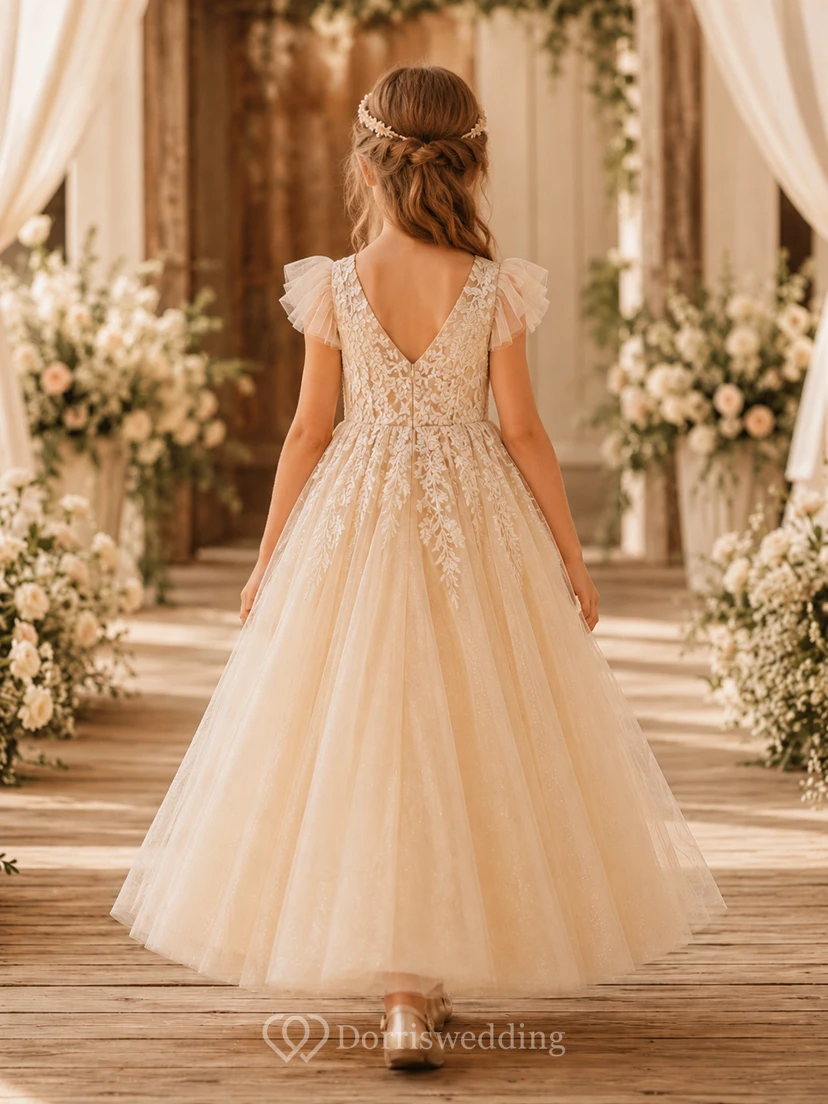 Flower Girl Dress Champagne Lace Tulle A-Line Jewel Neck Tea Length view 2