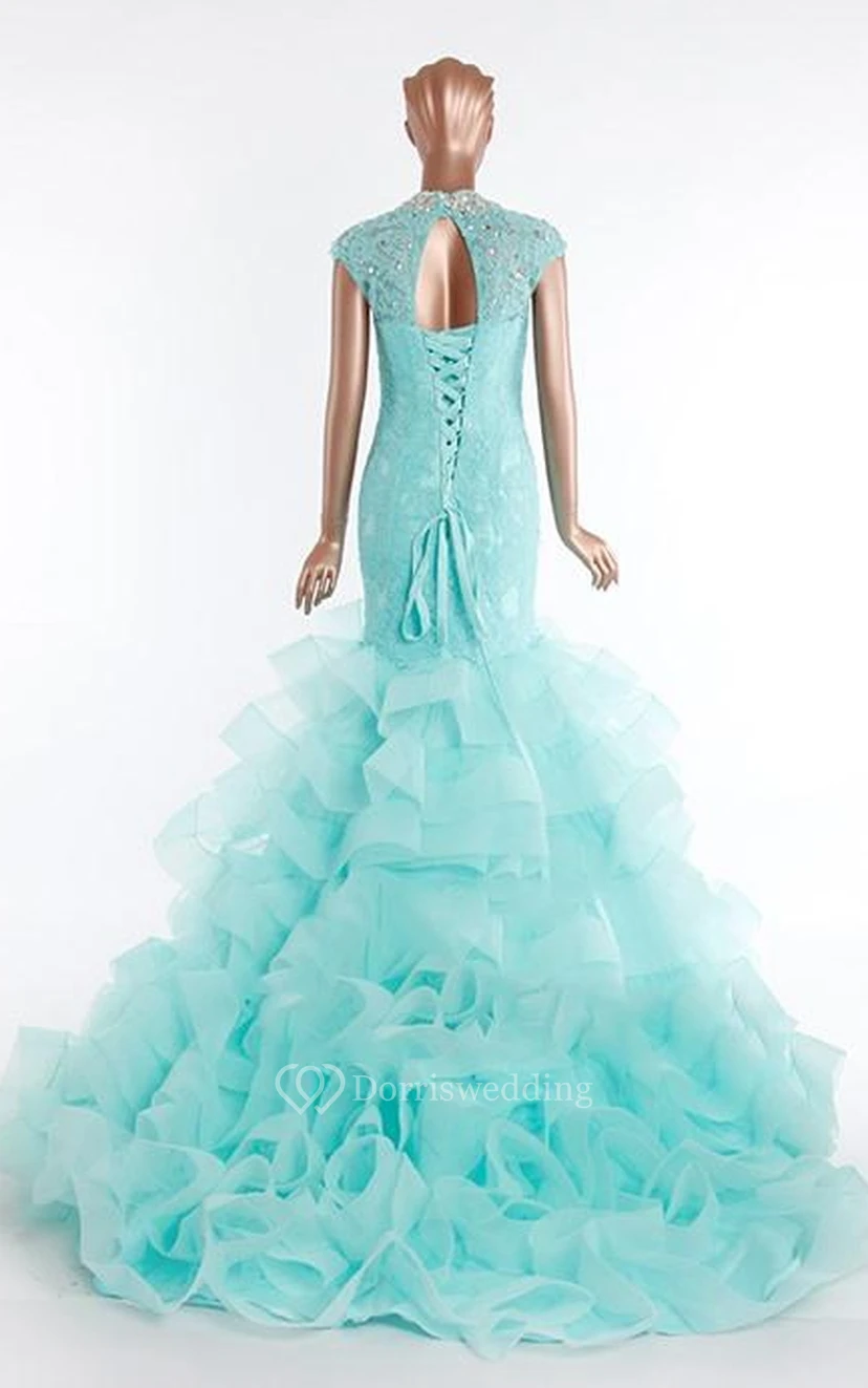 Sheath Long High Neck Bell Cap Beading Embroidery Ruffles Court Train Lace-Up Back Tulle Lace Dress view 2