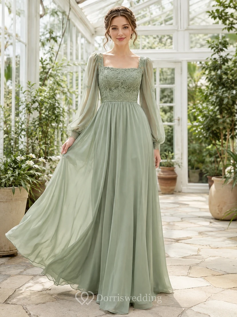 Sage Green Square Neck Long Sleeve Chiffon A-Line Floor Formal Dress