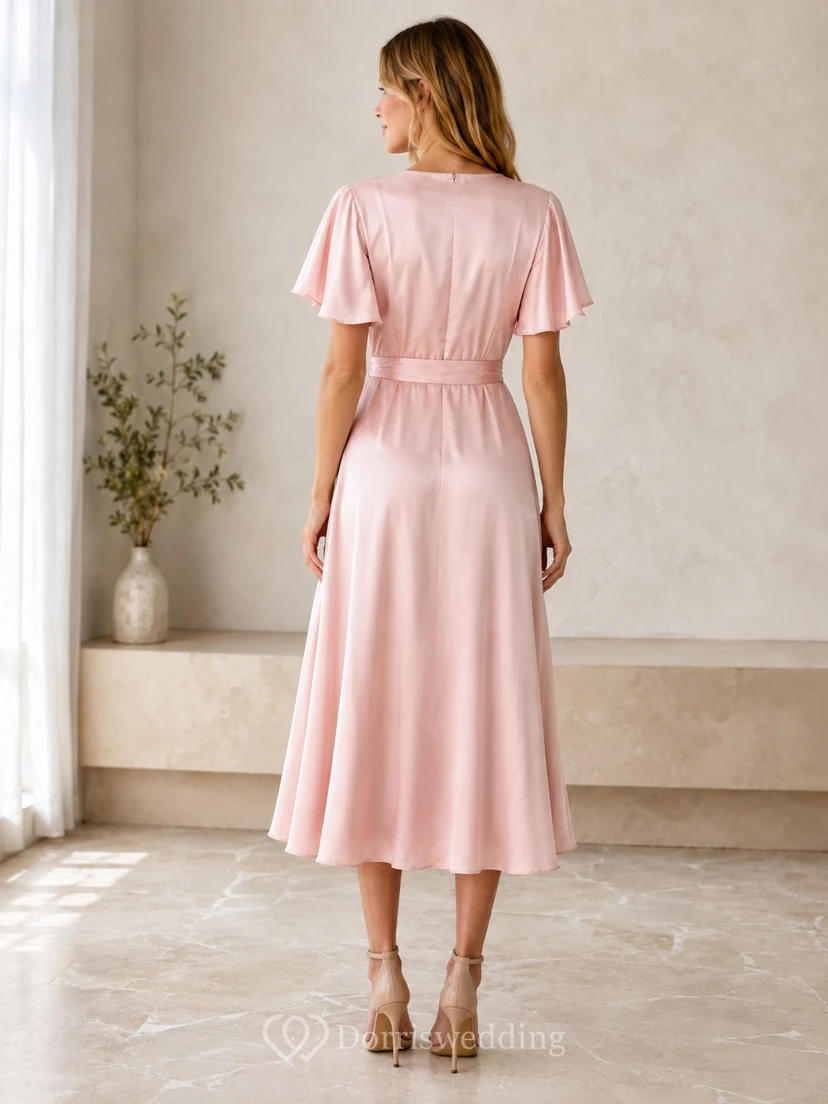 Rosa Jerseykleid mit V-Ausschnitt, kurzen Ärmeln, A-Linien-Schnitt und Teelänge, Bindegürtel view 2